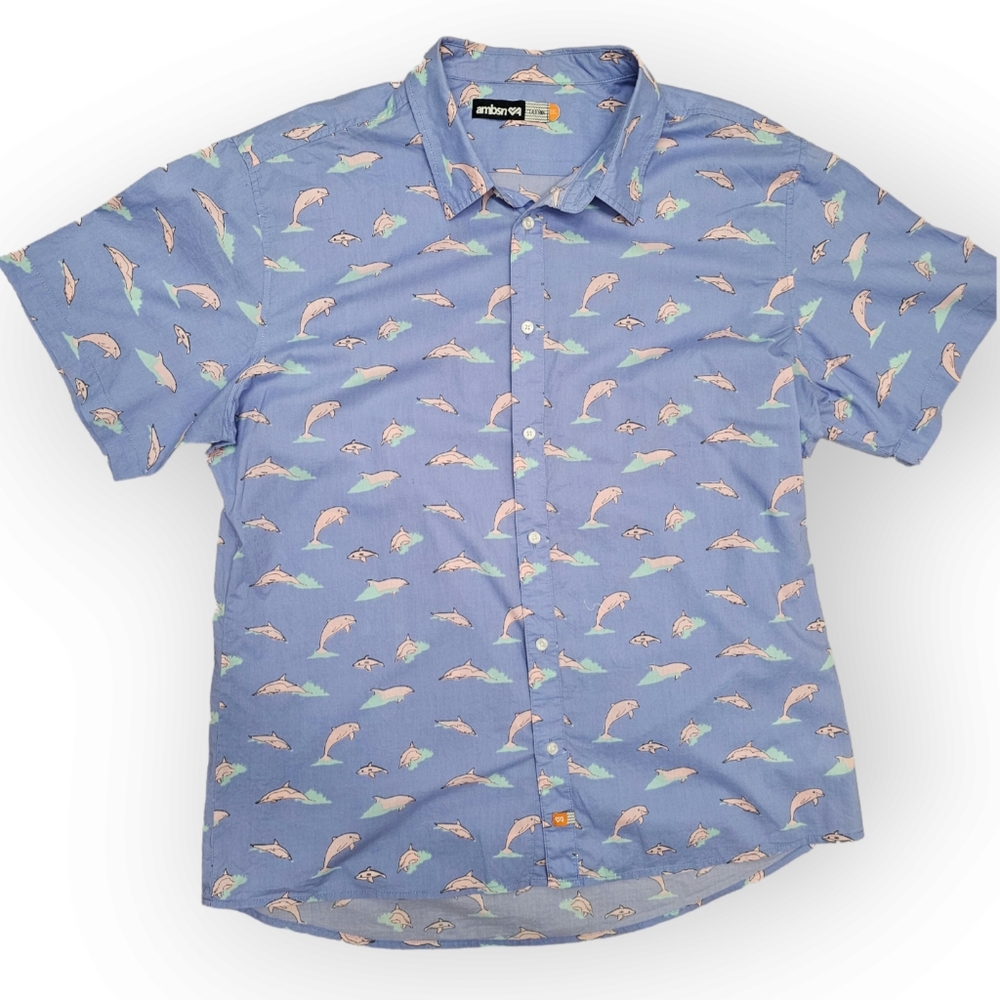 AMBSN California Button Down Shirt Purple Dolphin Print Men's 2XL